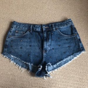 Topshop Denim Frayed Studded Womens Shorts